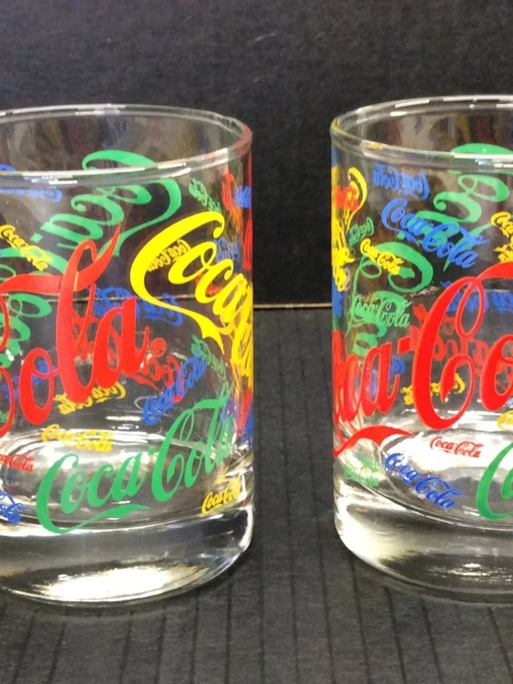 VINTAGE 1987 12oz Multi-Colored Coca Cola Whiskey Glass Indiana Glass Lot of 2